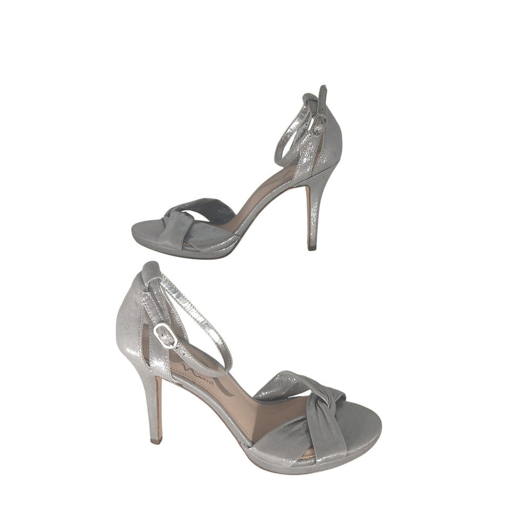 Nina Silver Metallic Stiletto Sandals Ankle Strap Twisted Knot Heels 6.5M
